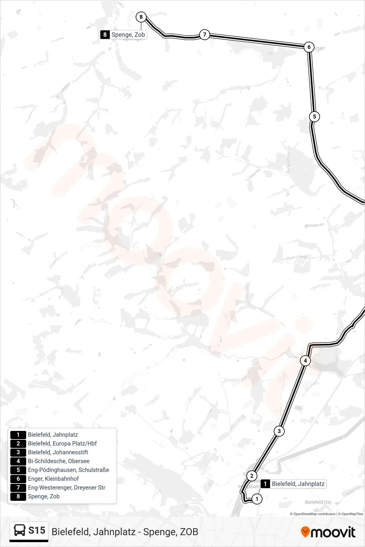 S15 bus Line (Spenge, Zob) route and stops on a map