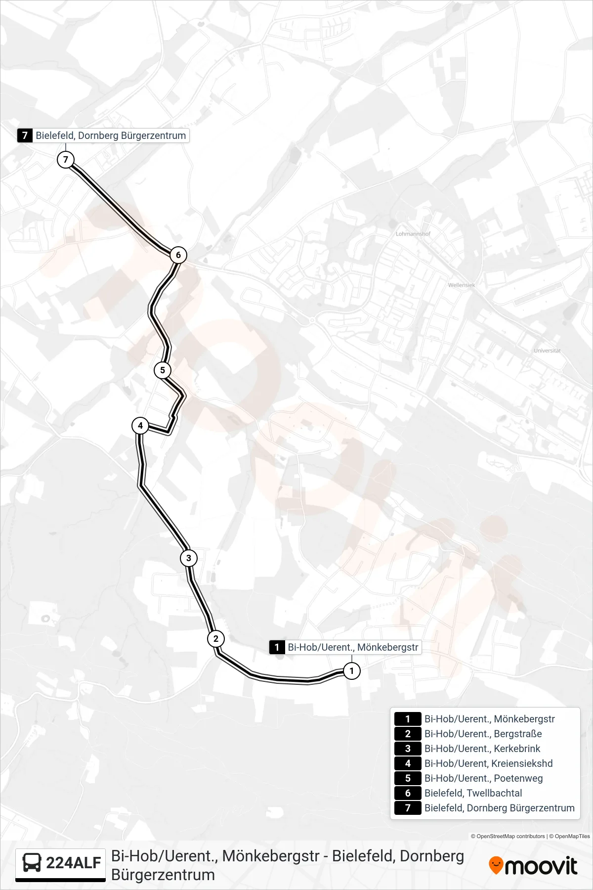 224ALF bus Line (Bielefeld, Dornberg Bürgerzentrum) route and stops on a map