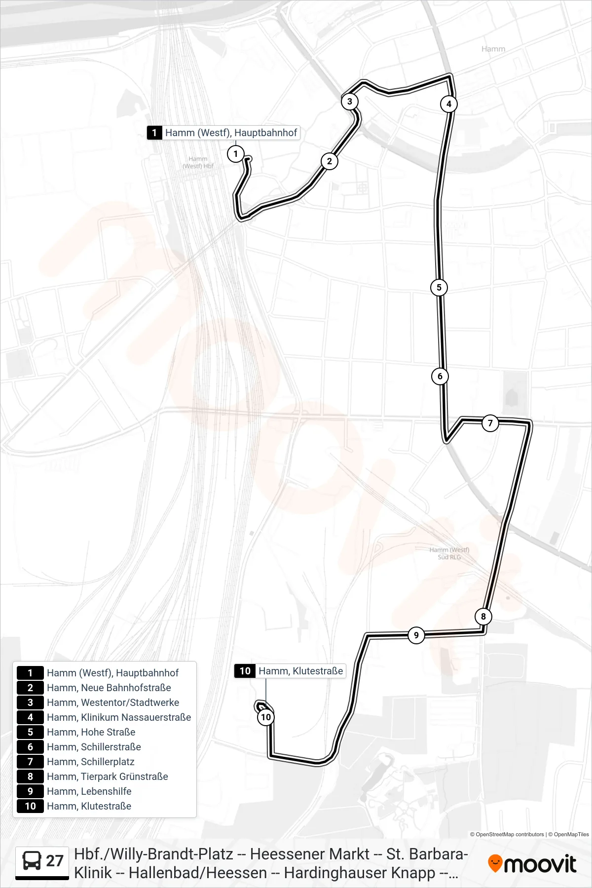 Linie 27 (Bus) Richtung Hamm, Klutestraße: Route und Haltestellen auf der Karte