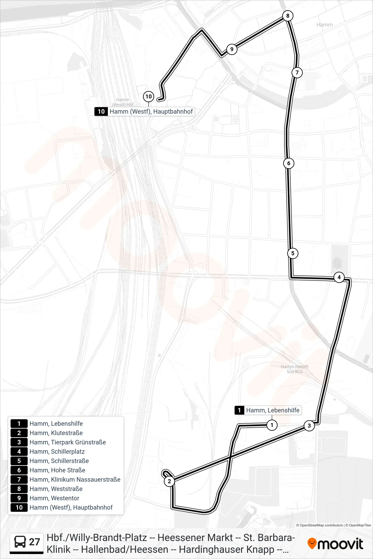 27 bus Line (Hamm (Westf), Hauptbahnhof Bstg 3) route and stops on a map