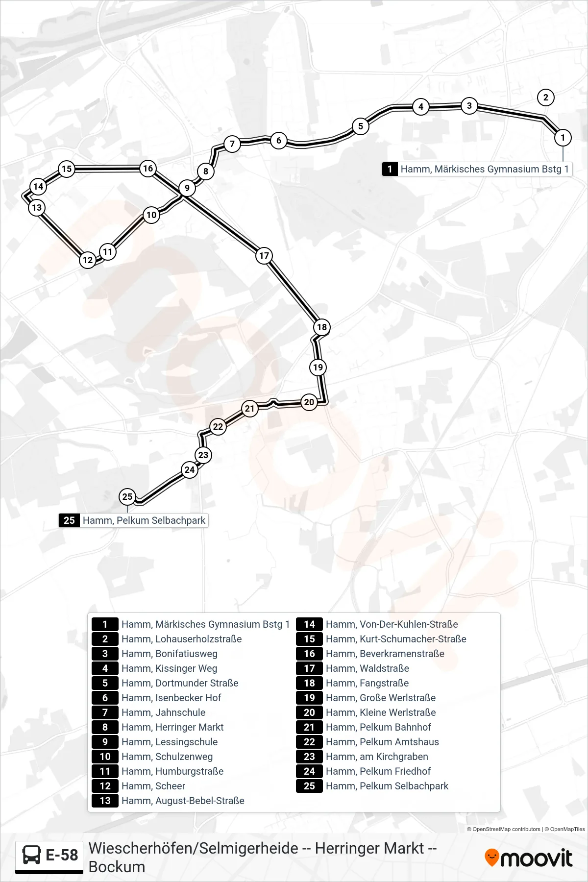 Linie E-58 (Bus) Richtung Hamm, Pelkum Selbachpark: Route und Haltestellen auf der Karte