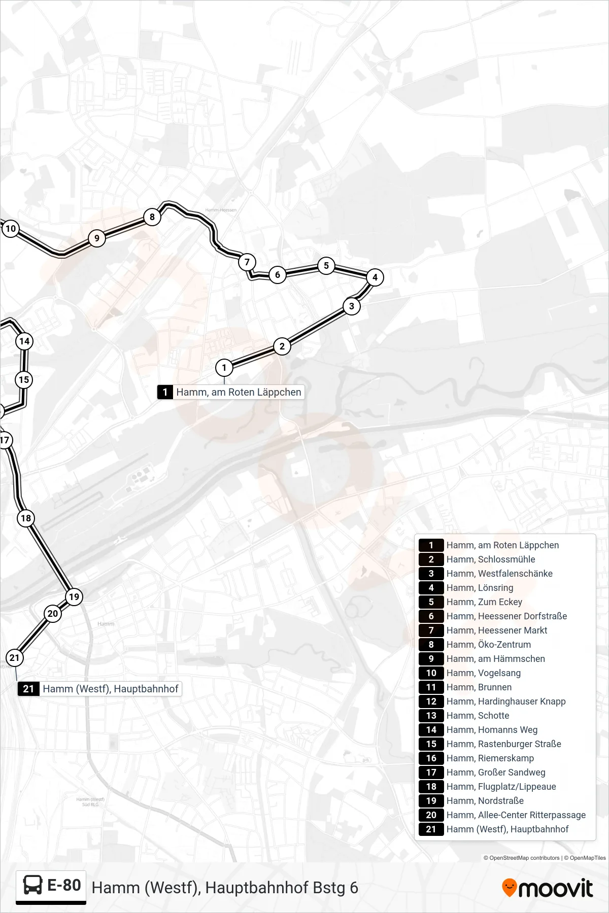 Linie E-80 (Bus) Richtung Hamm (Westf), Hauptbahnhof Bstg 6: Route und Haltestellen auf der Karte