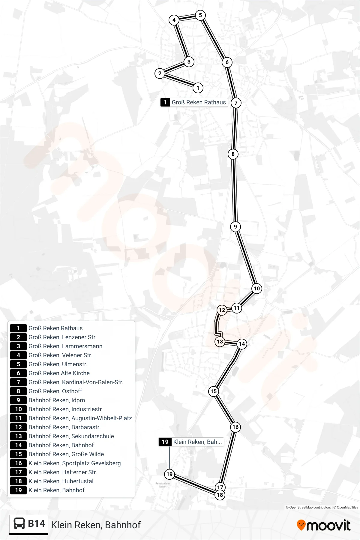 B14 bus Line (Klein Reken, Bahnhof) route and stops on a map