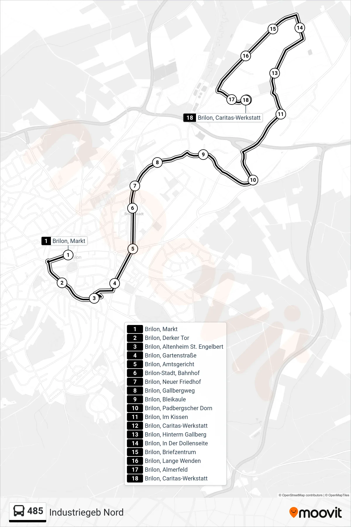 485 bus Line (Industriegeb Nord) route and stops on a map