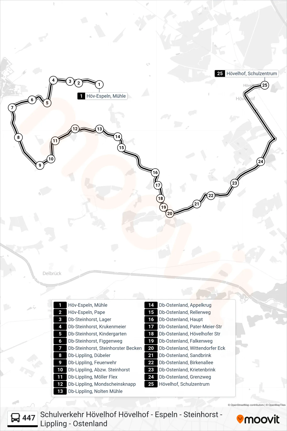 447 bus Line (Hövelhof, Schulzentrum) route and stops on a map