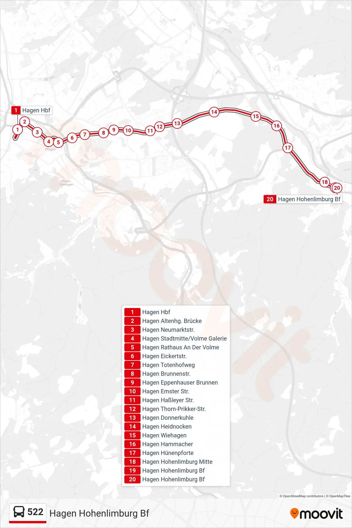 Linie 522 (Bus) Richtung Hagen Hohenlimburg Bf: Route und Haltestellen auf der Karte