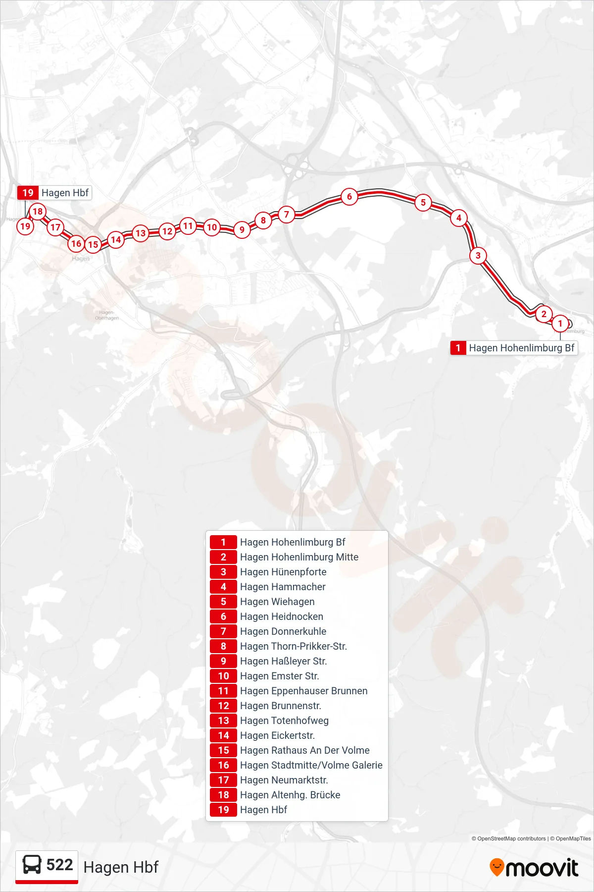 Linie 522 (Bus) Richtung Hagen Hbf: Route und Haltestellen auf der Karte