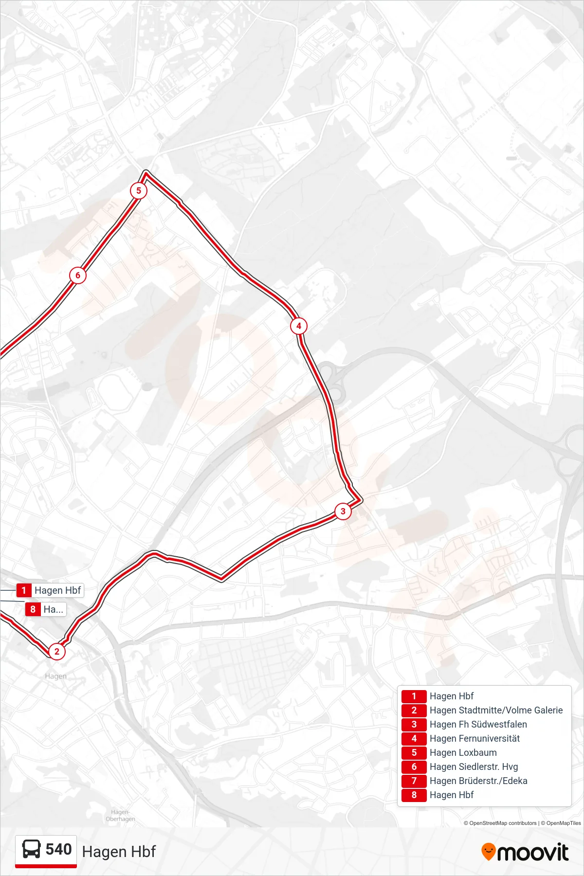 540 bus Line (Hagen Hbf) route and stops on a map