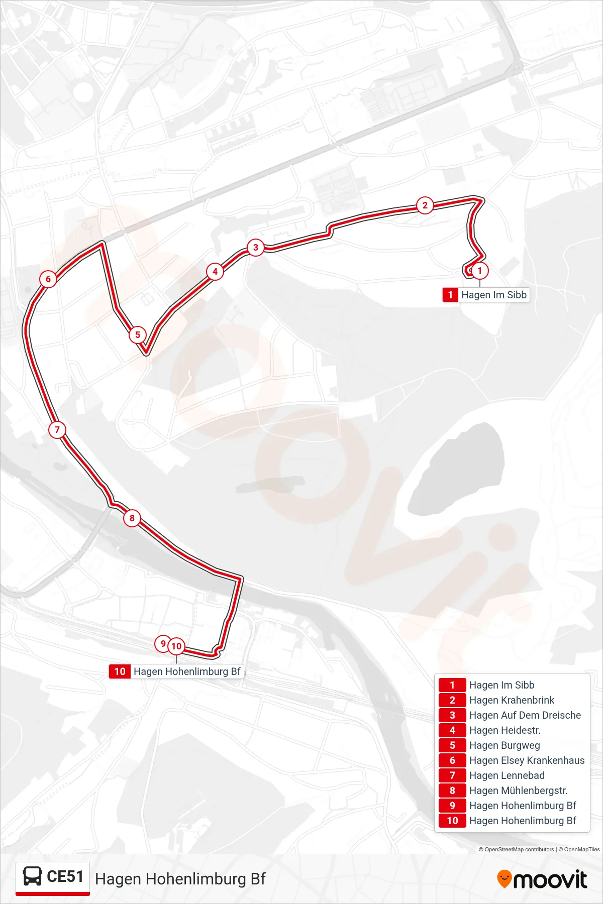 CE51 bus Line (Hagen Hohenlimburg Bf) route and stops on a map