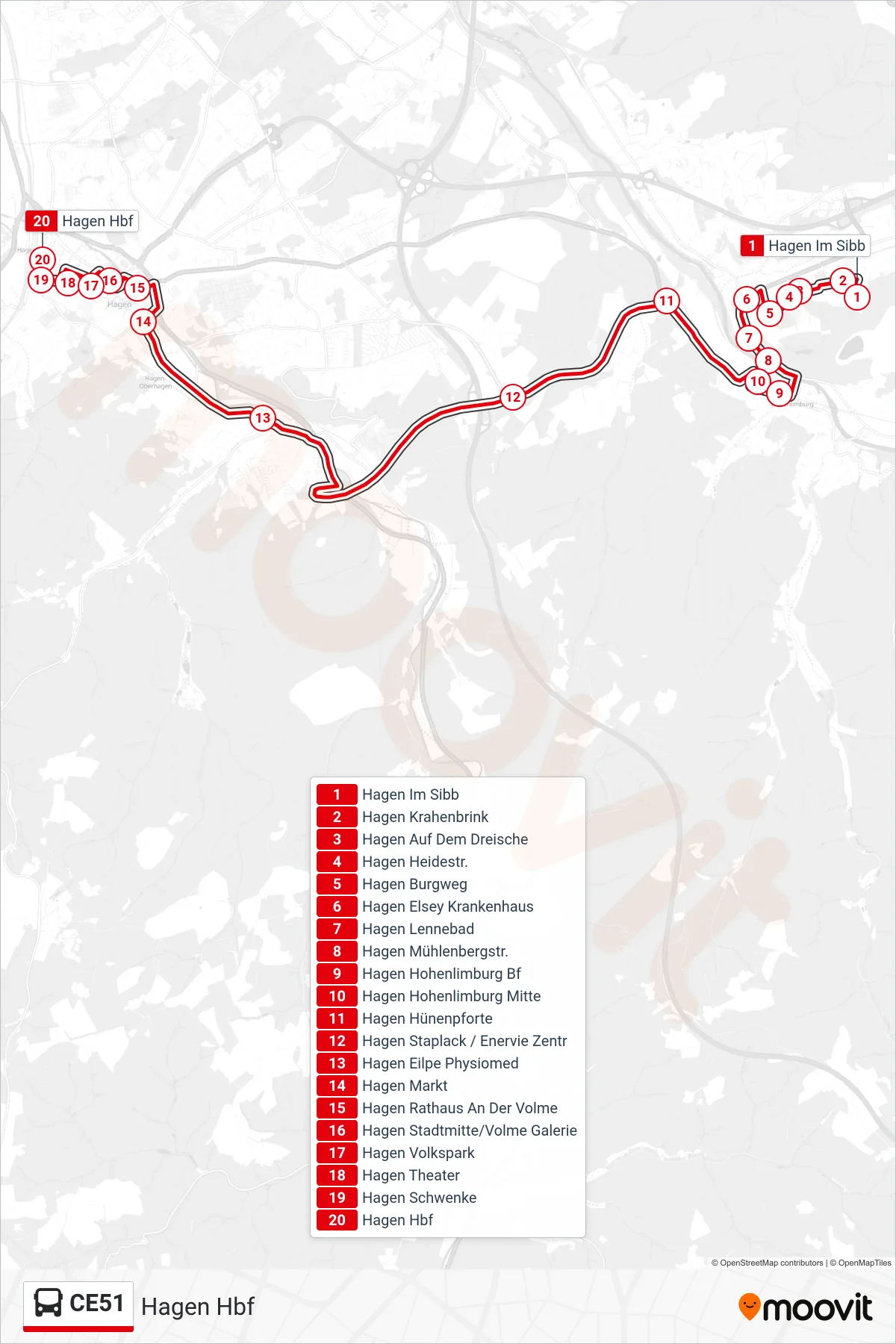 Linie CE51 (Bus) Richtung Hagen Hbf: Route und Haltestellen auf der Karte