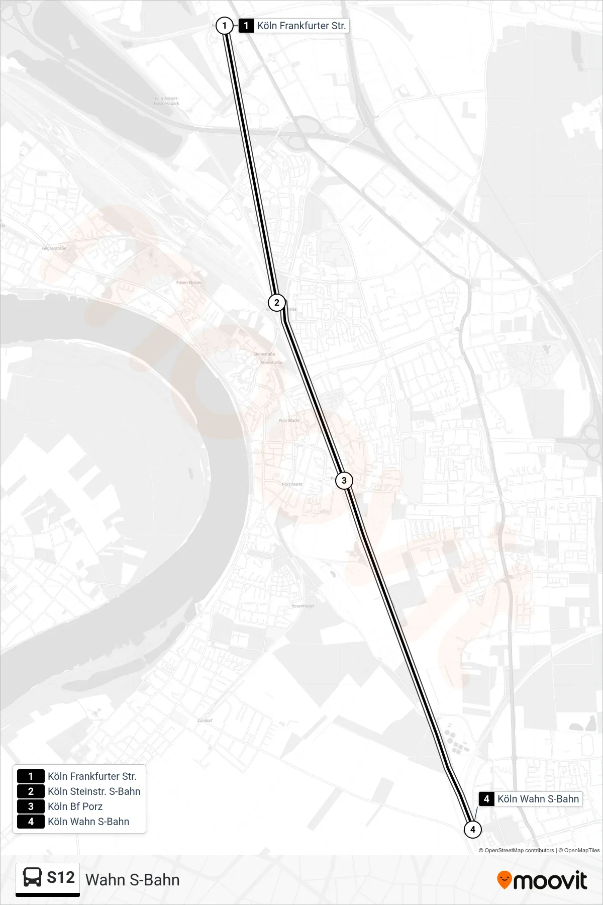 S12 bus Line (Wahn S-Bahn) route and stops on a map