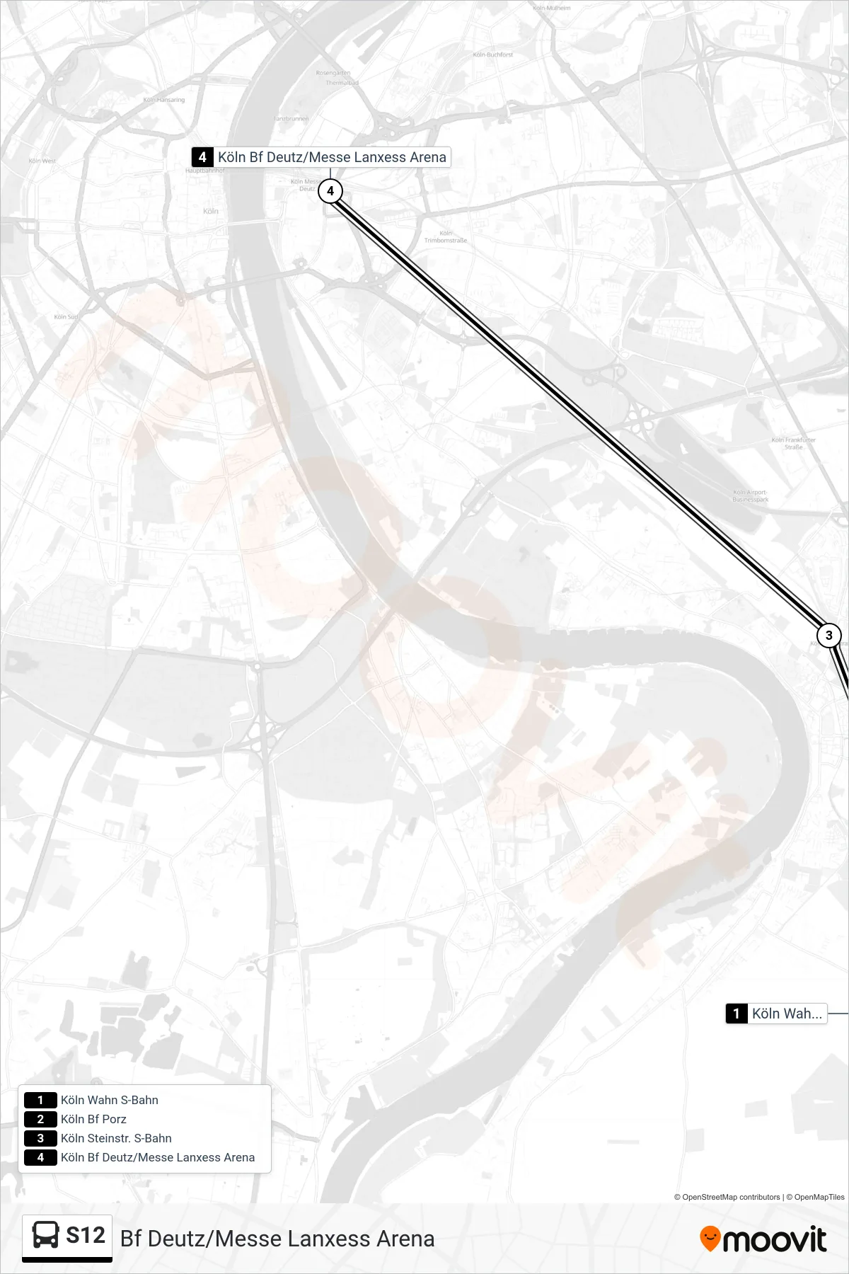 S12 bus Line (Bf Deutz/Messe Lanxess Arena) route and stops on a map
