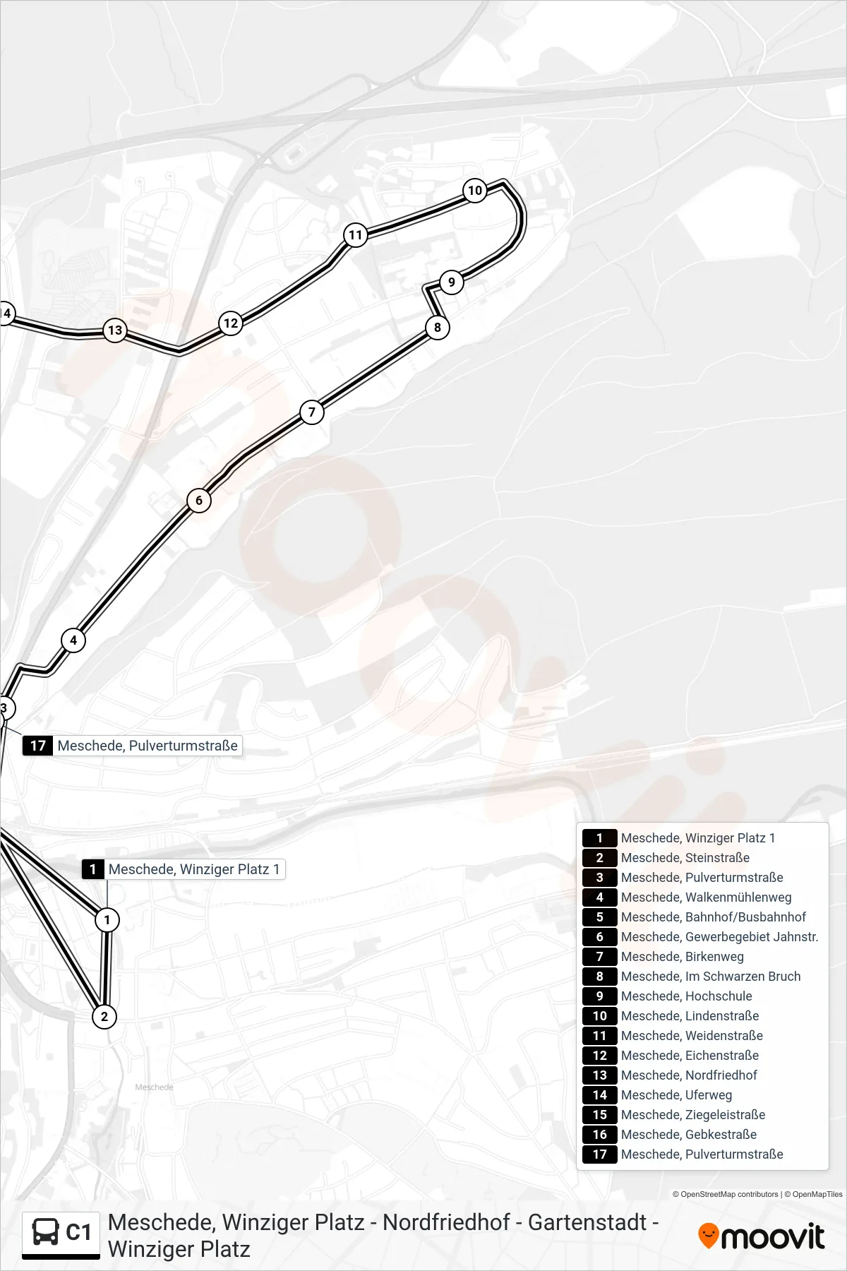 C1 bus Line (Meschede, Winziger Platz 1) route and stops on a map