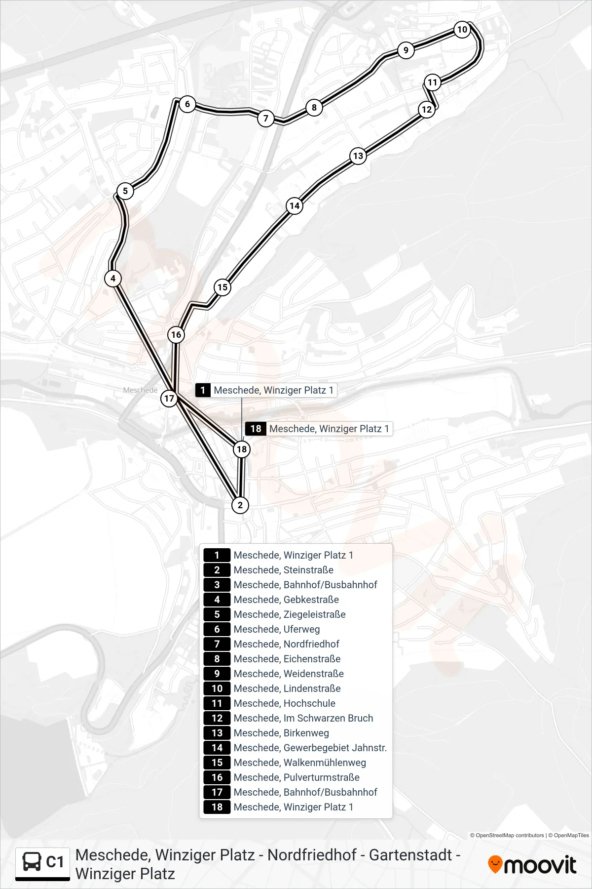 C1 bus Line (Meschede, Winziger Platz 1) route and stops on a map