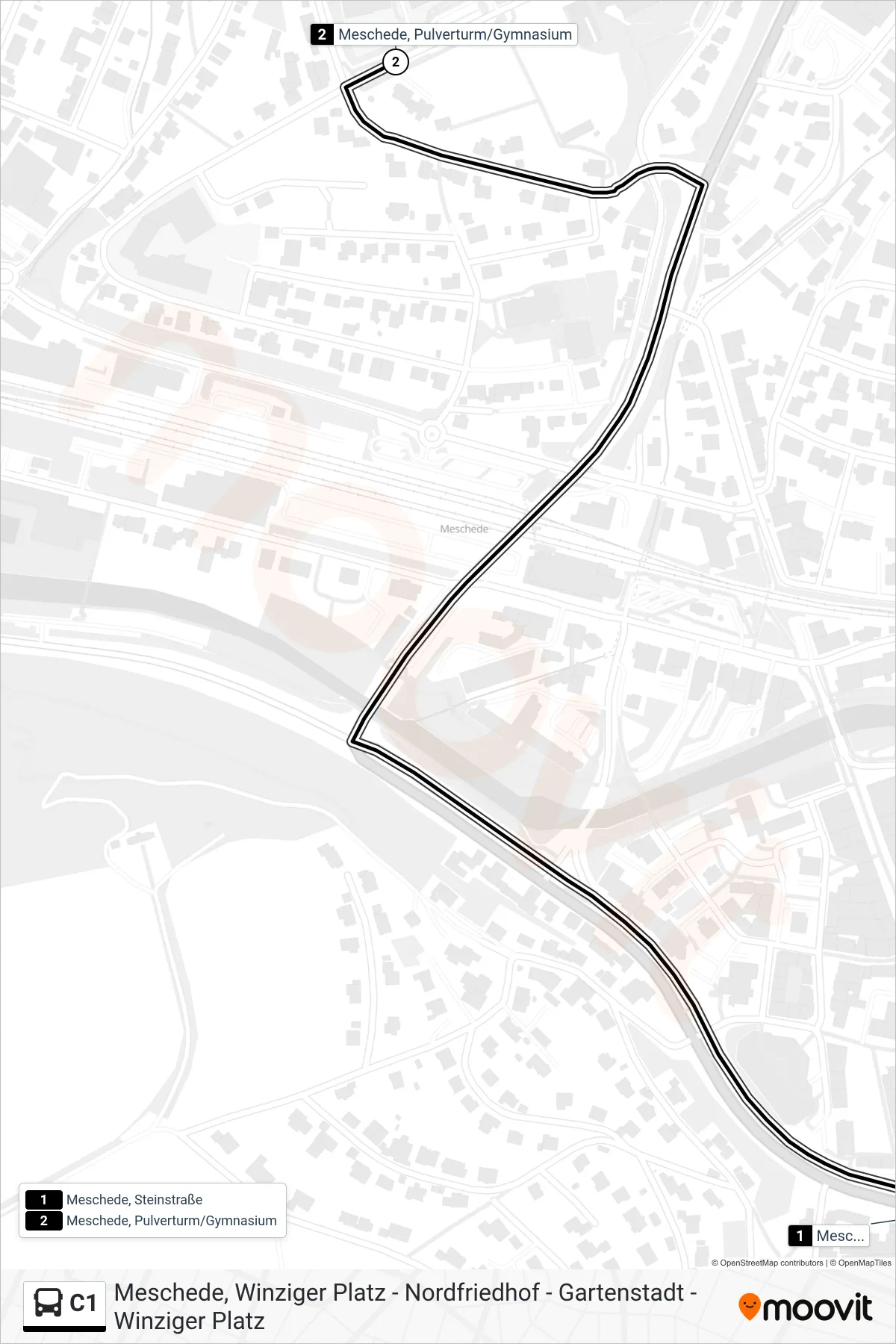 C1 bus Line (Meschede, Pulverturm/Gymnasium) route and stops on a map