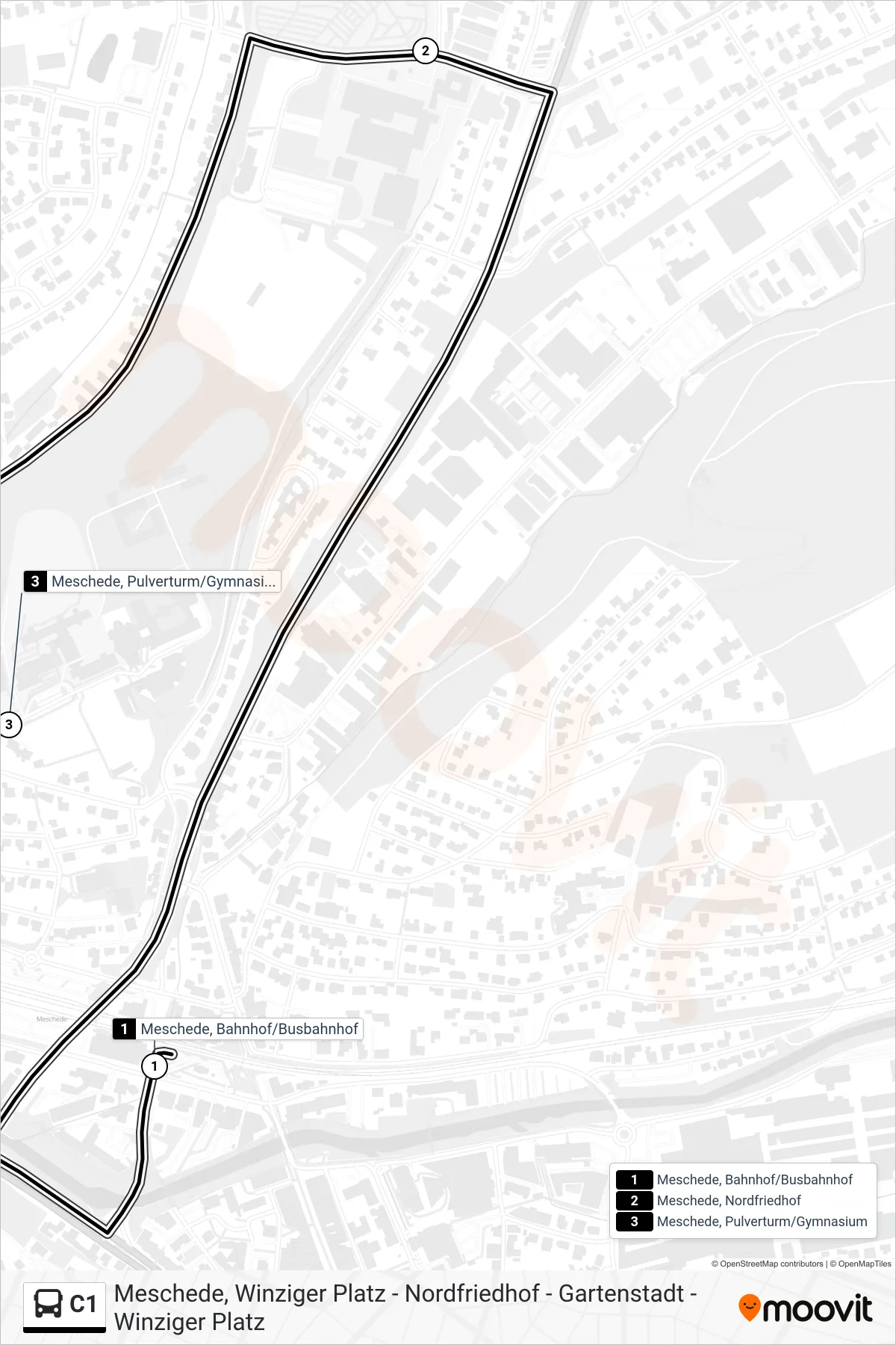 Linie C1 (Bus) Richtung Meschede, Pulverturm/Gymnasium: Route und Haltestellen auf der Karte