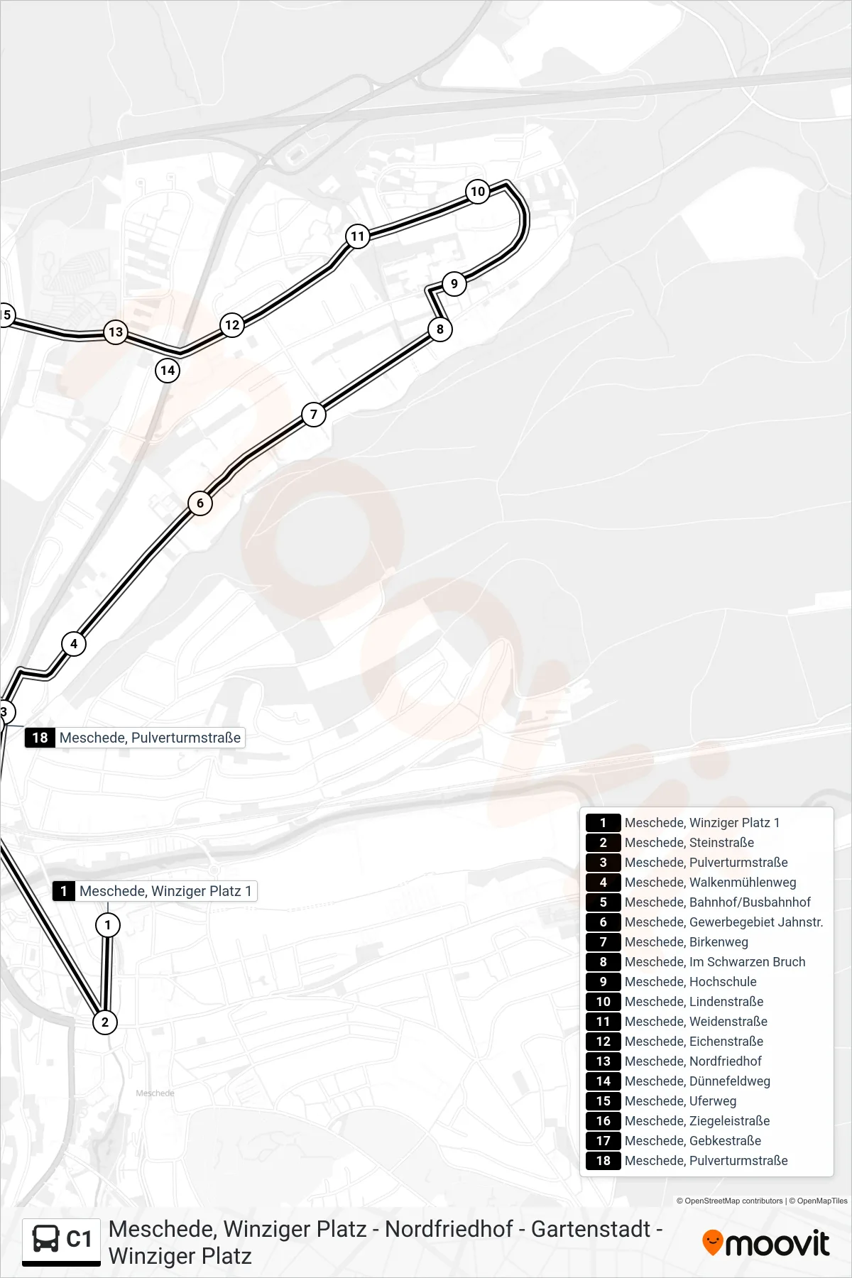 C1 bus Line (Meschede, Bahnhof/Busbahnhof 1) route and stops on a map