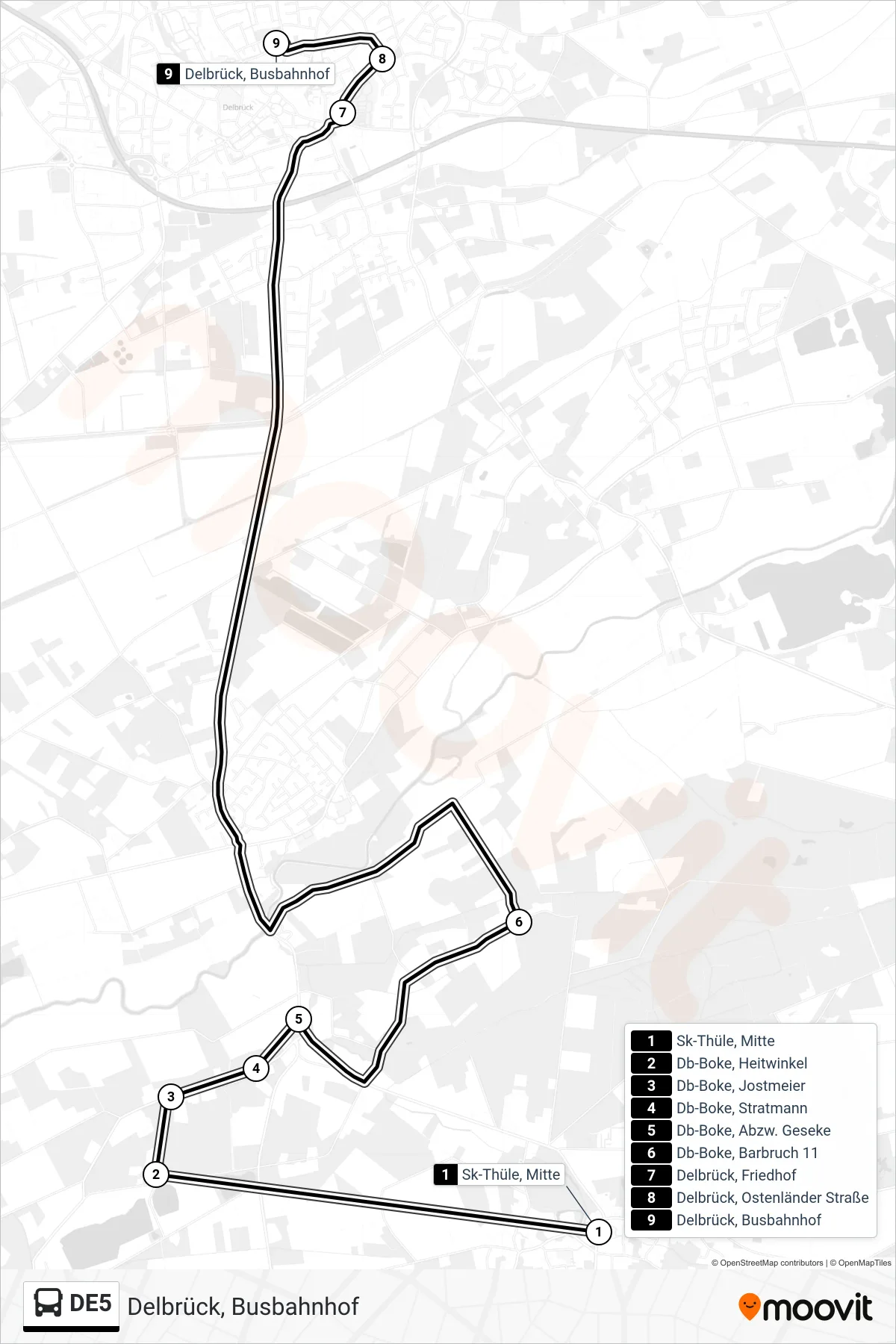 Linie DE5 (Bus) Richtung Delbrück, Busbahnhof: Route und Haltestellen auf der Karte