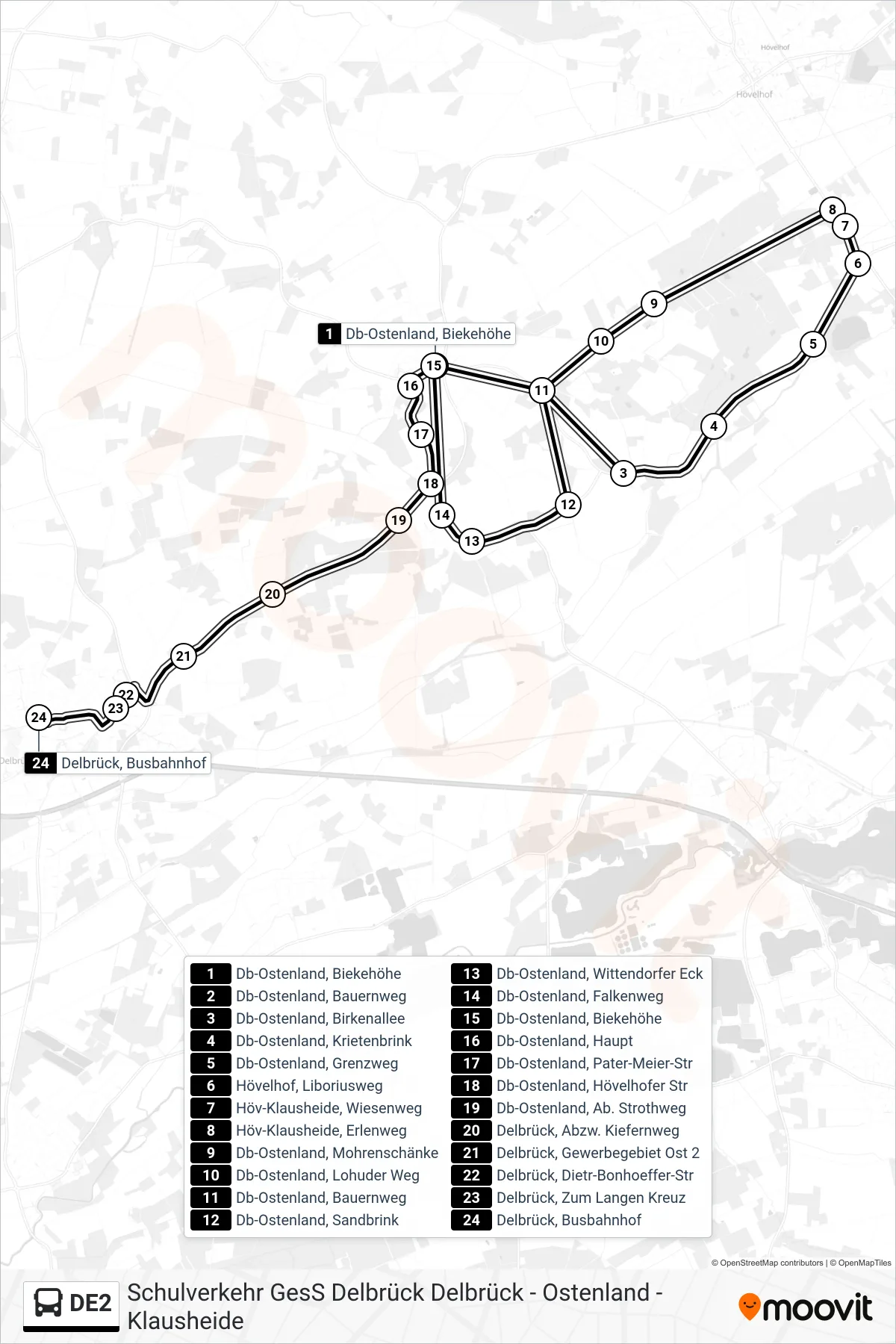 DE2 bus Line (Delbrück, Busbahnhof) route and stops on a map