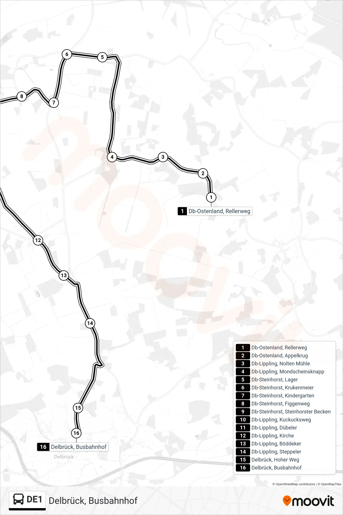 DE1 bus Line (Delbrück, Busbahnhof) route and stops on a map