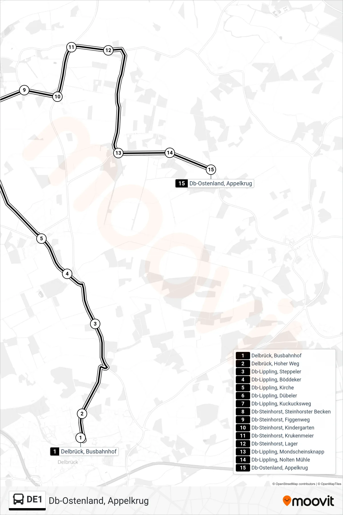 Linie DE1 (Bus) Richtung Db-Ostenland, Appelkrug: Route und Haltestellen auf der Karte