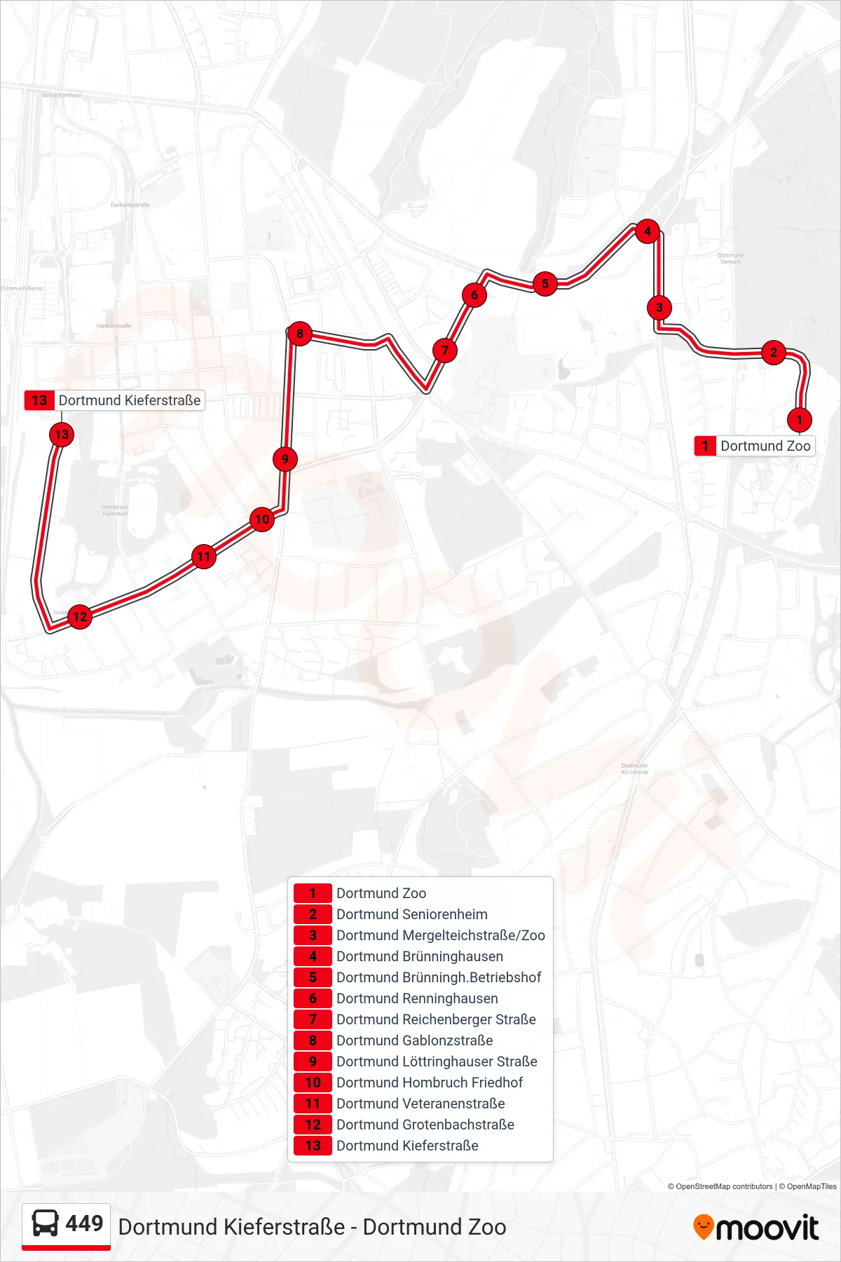 449 bus Line (Dortmund Kieferstraße) route and stops on a map