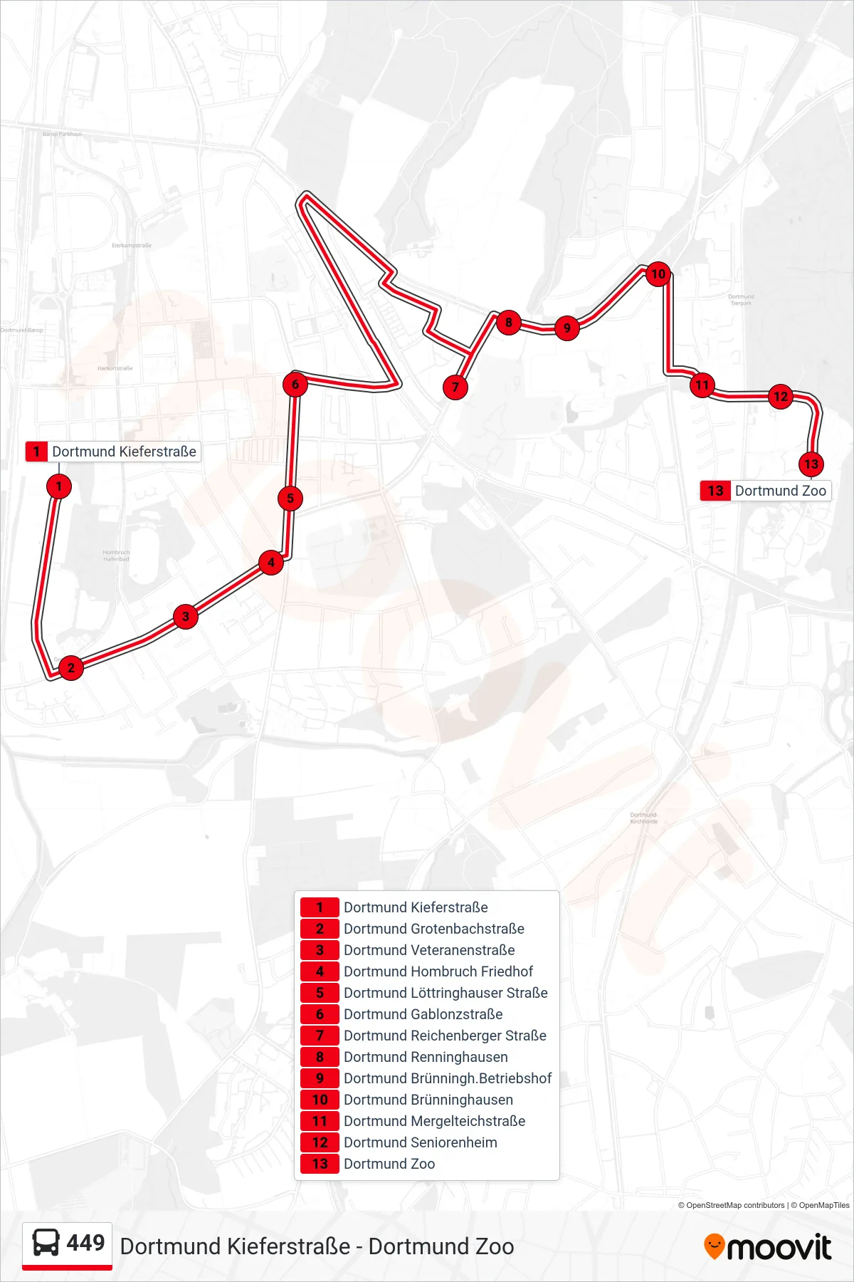 Linie 449 (Bus) Richtung Dortmund Zoo: Route und Haltestellen auf der Karte