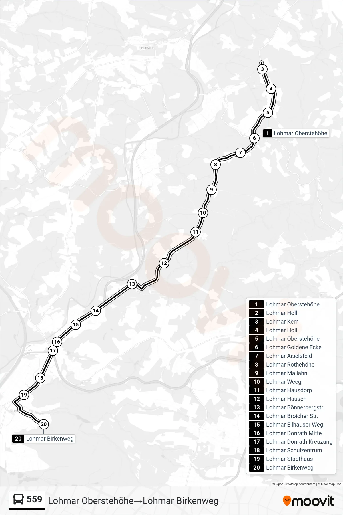 Linie 559 (Bus) Richtung Lohmar Oberstehöhe→Lohmar Birkenweg: Route und Haltestellen auf der Karte