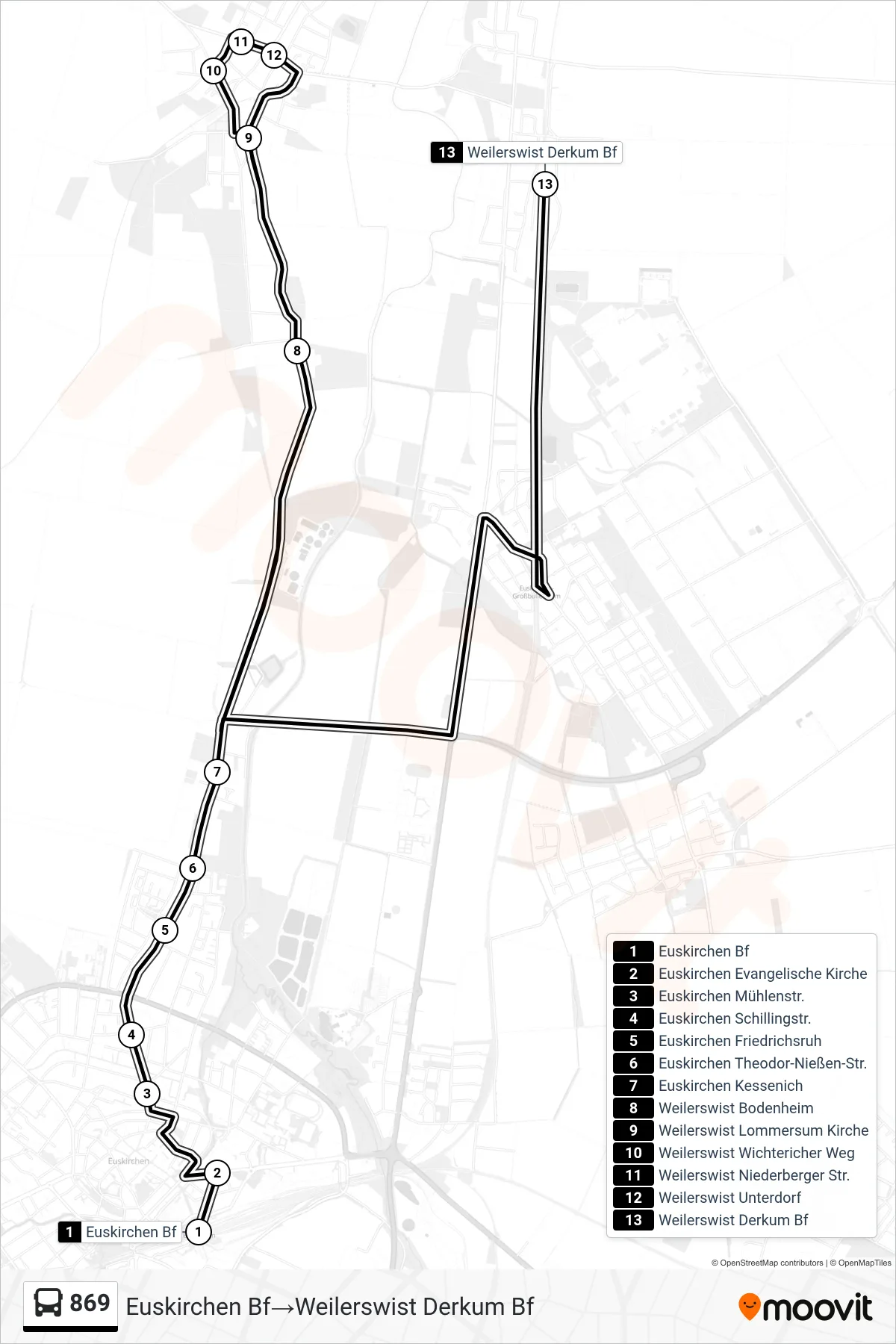 Linie 869 (Bus) Richtung Euskirchen Bf‎→Weilerswist Derkum Bf: Route und Haltestellen auf der Karte