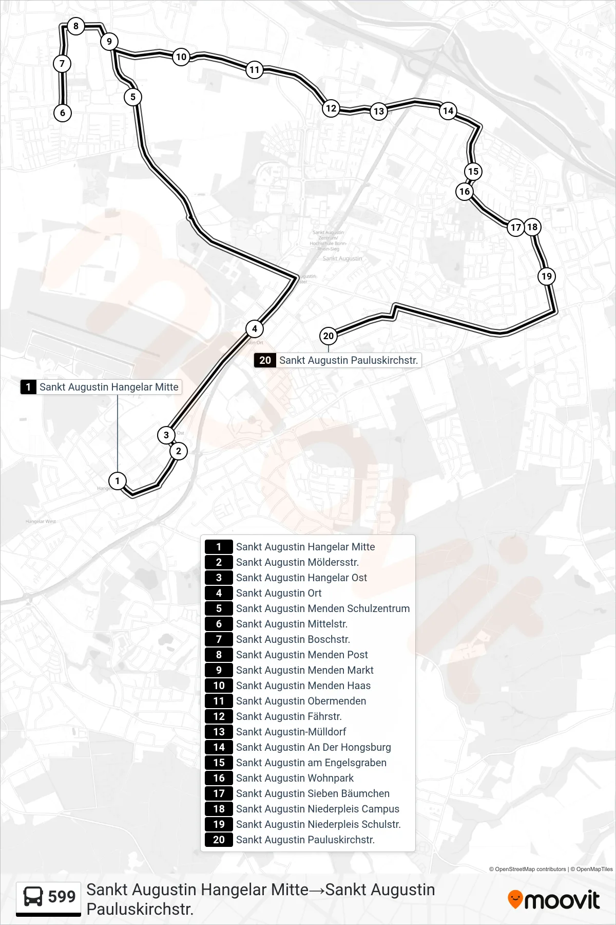 Linie 599 (Bus) Richtung Sankt Augustin Hangelar Mitte→Sankt Augustin Pauluskirchstr.: Route und Haltestellen auf der Karte