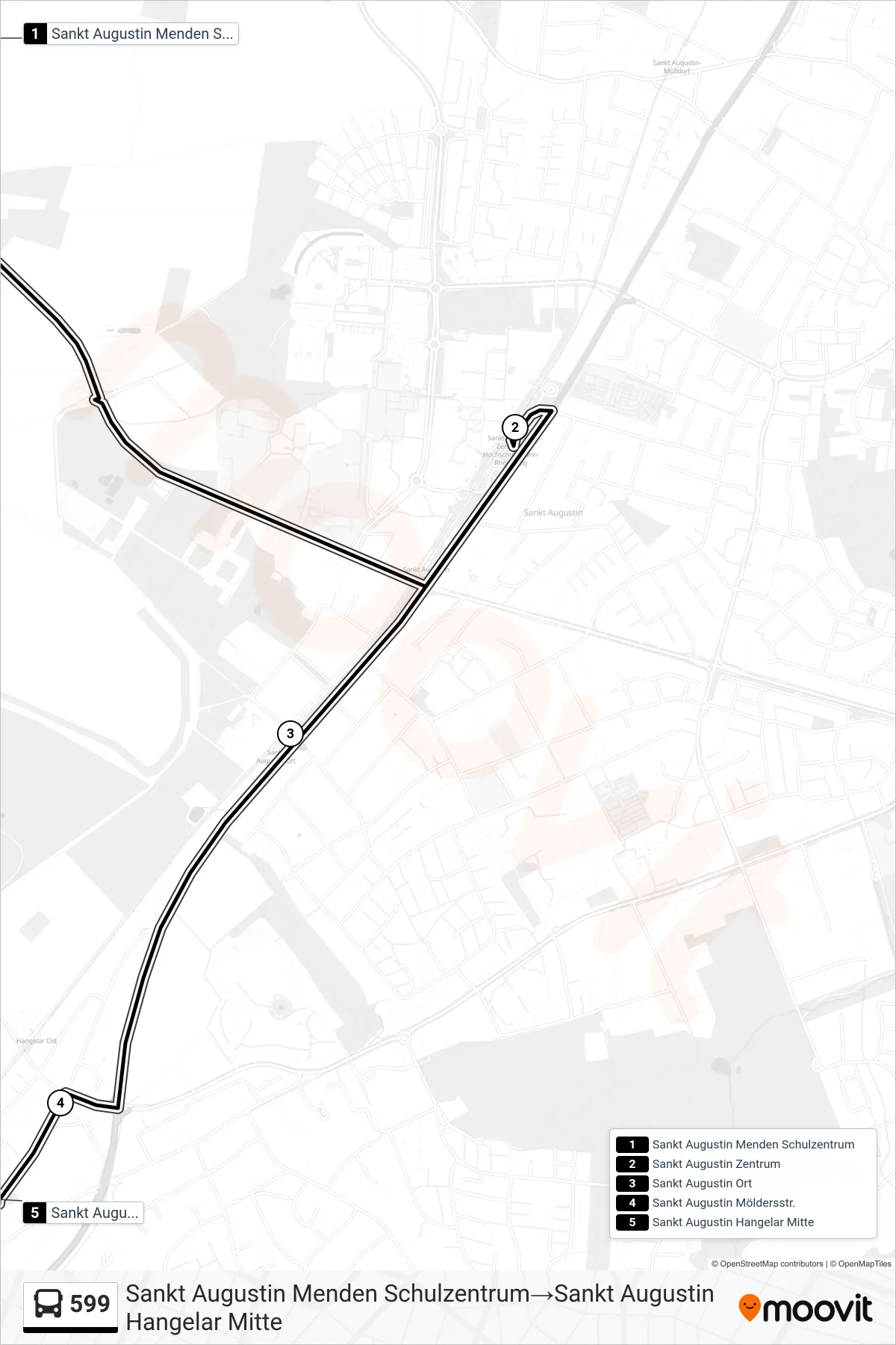 Linie 599 (Bus) Richtung Sankt Augustin Menden Schulzentrum→Sankt Augustin Hangelar Mitte: Route und Haltestellen auf der Karte