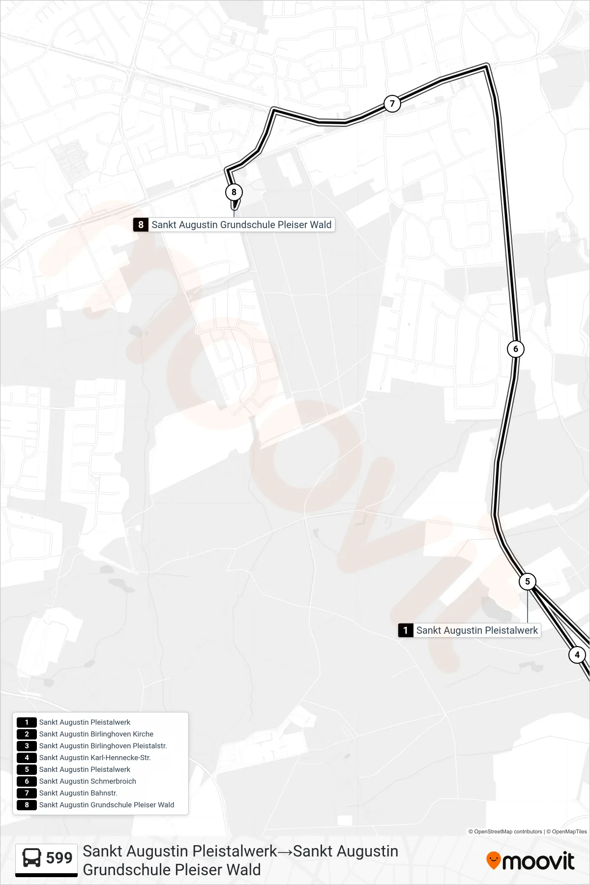 Linie 599 (Bus) Richtung Sankt Augustin Pleistalwerk→Sankt Augustin Grundschule Pleiser Wald: Route und Haltestellen auf der Karte