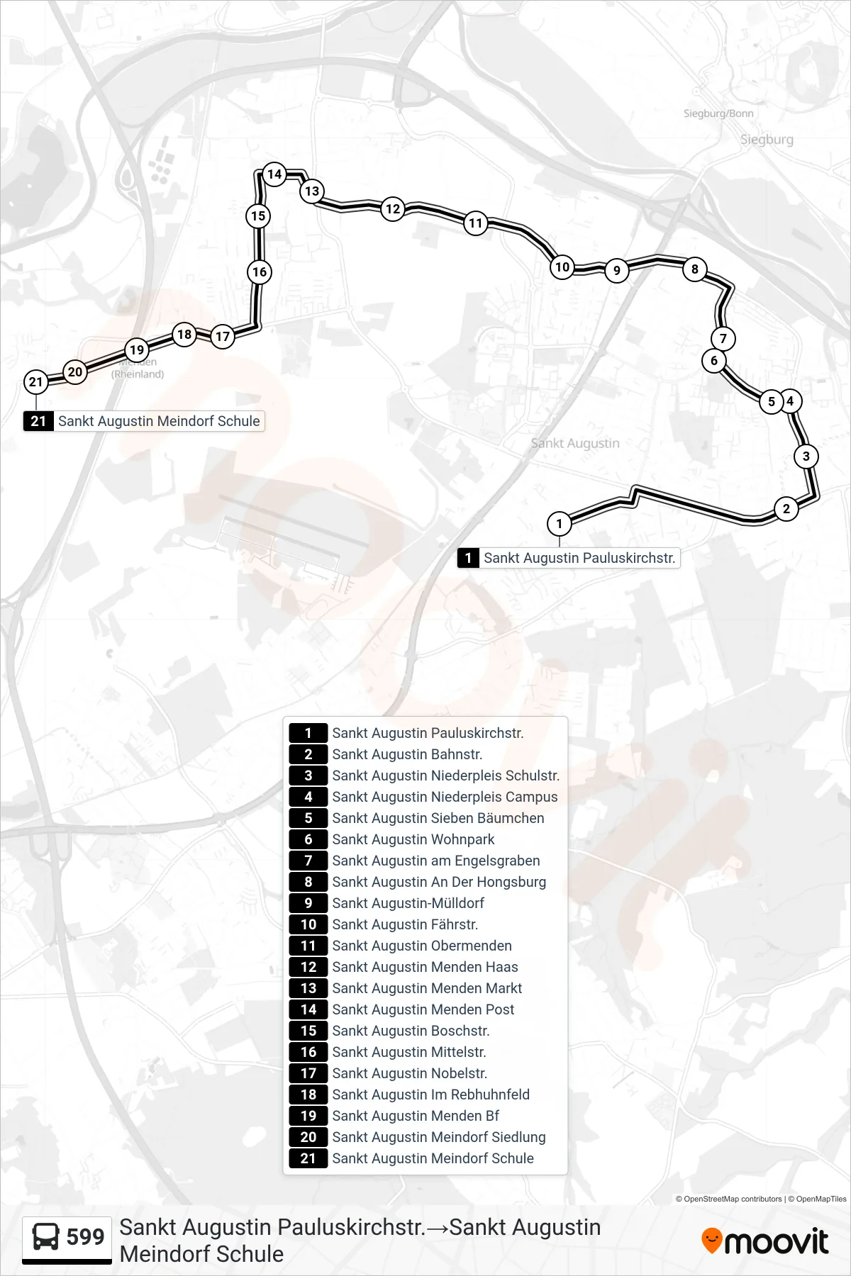 Linie 599 (Bus) Richtung Sankt Augustin Pauluskirchstr.→Sankt Augustin Meindorf Schule: Route und Haltestellen auf der Karte