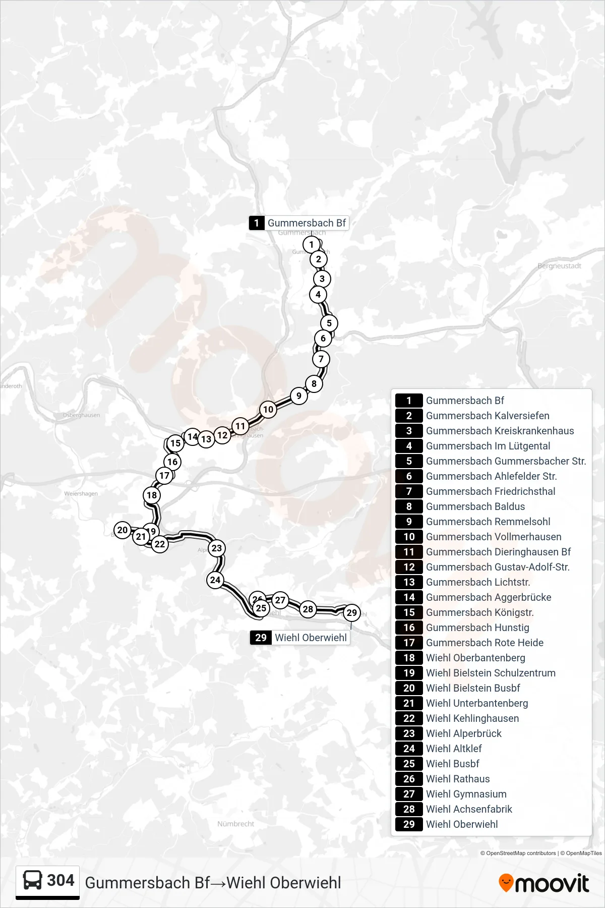 Linie 304 (Bus) Richtung Gummersbach Bf→Wiehl Oberwiehl: Route und Haltestellen auf der Karte
