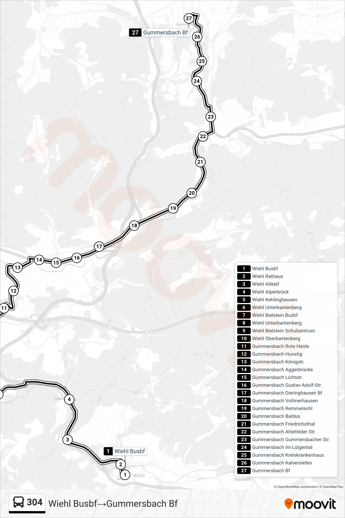 304 bus Line (Wiehl Busbf‎→Gummersbach Bf) route and stops on a map