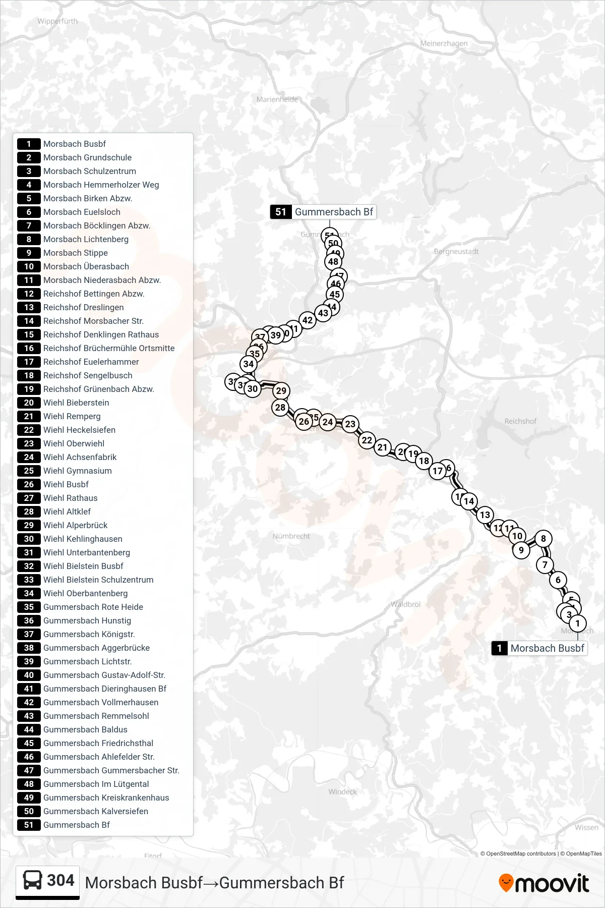 Linie 304 (Bus) Richtung Morsbach Busbf→Gummersbach Bf: Route und Haltestellen auf der Karte