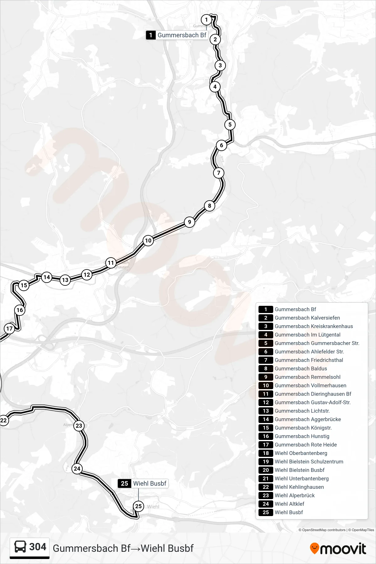 304 bus Line (Gummersbach Bf‎→Wiehl Busbf) route and stops on a map