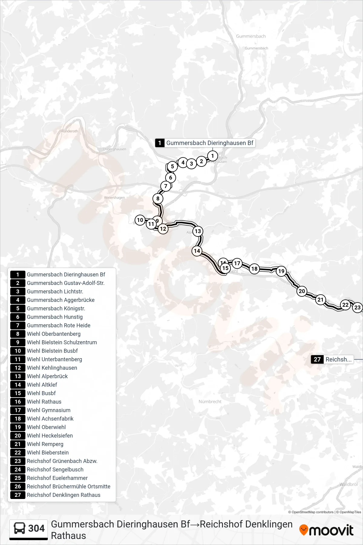 Linie 304 (Bus) Richtung Gummersbach Dieringhausen Bf‎→Reichshof Denklingen Rathaus: Route und Haltestellen auf der Karte