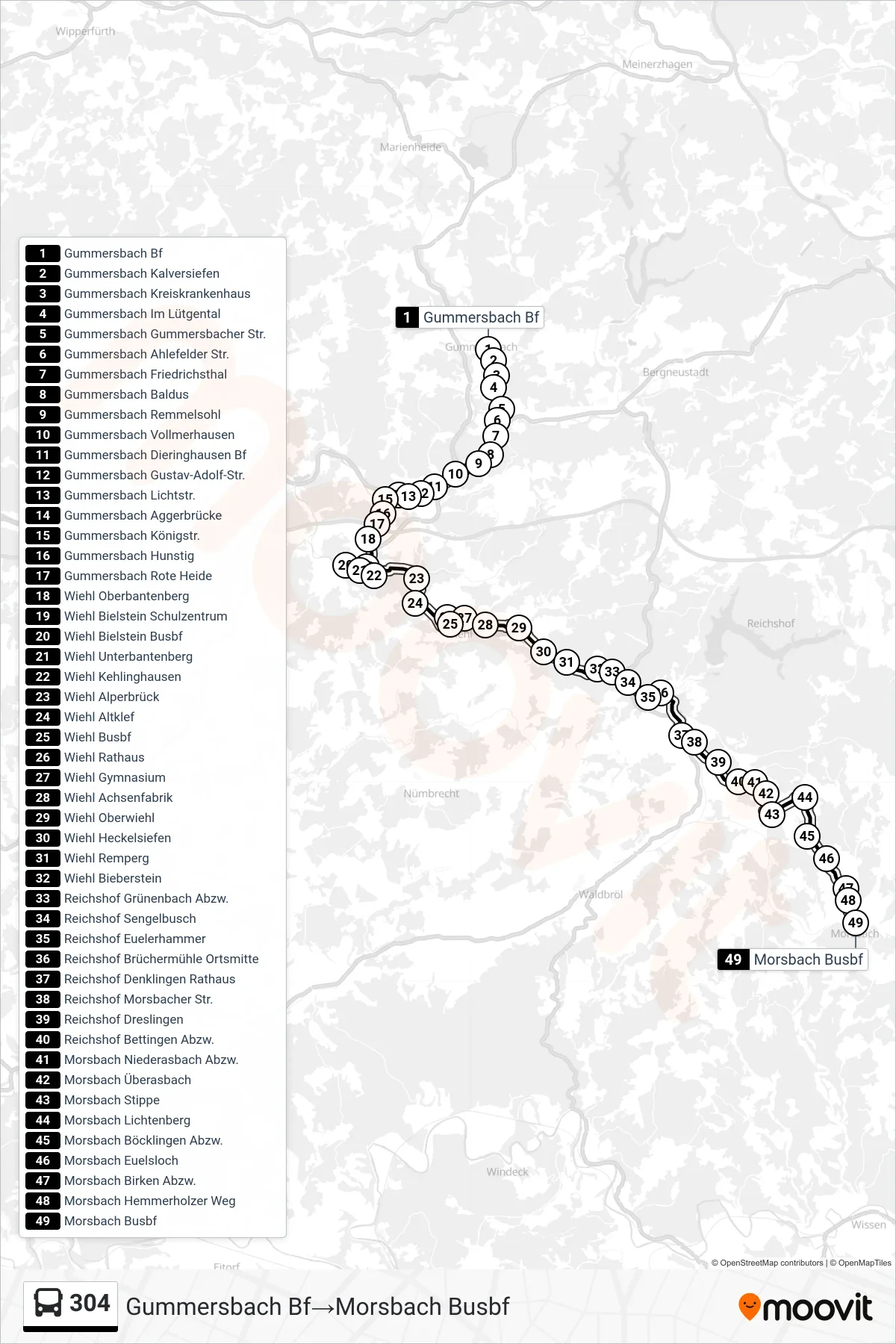 Linie 304 (Bus) Richtung Gummersbach Bf‎→Morsbach Busbf: Route und Haltestellen auf der Karte