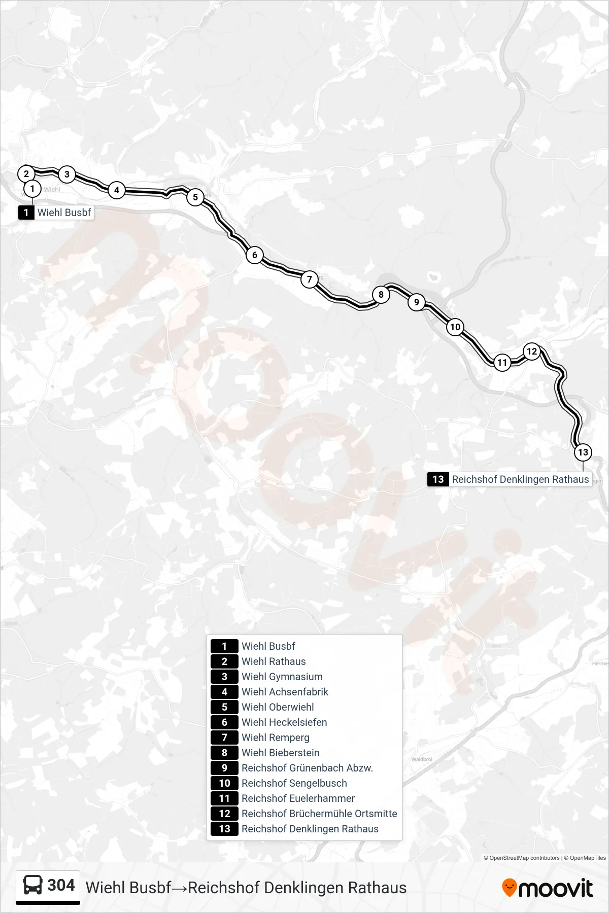 Linie 304 (Bus) Richtung Wiehl Busbf‎→Reichshof Denklingen Rathaus: Route und Haltestellen auf der Karte