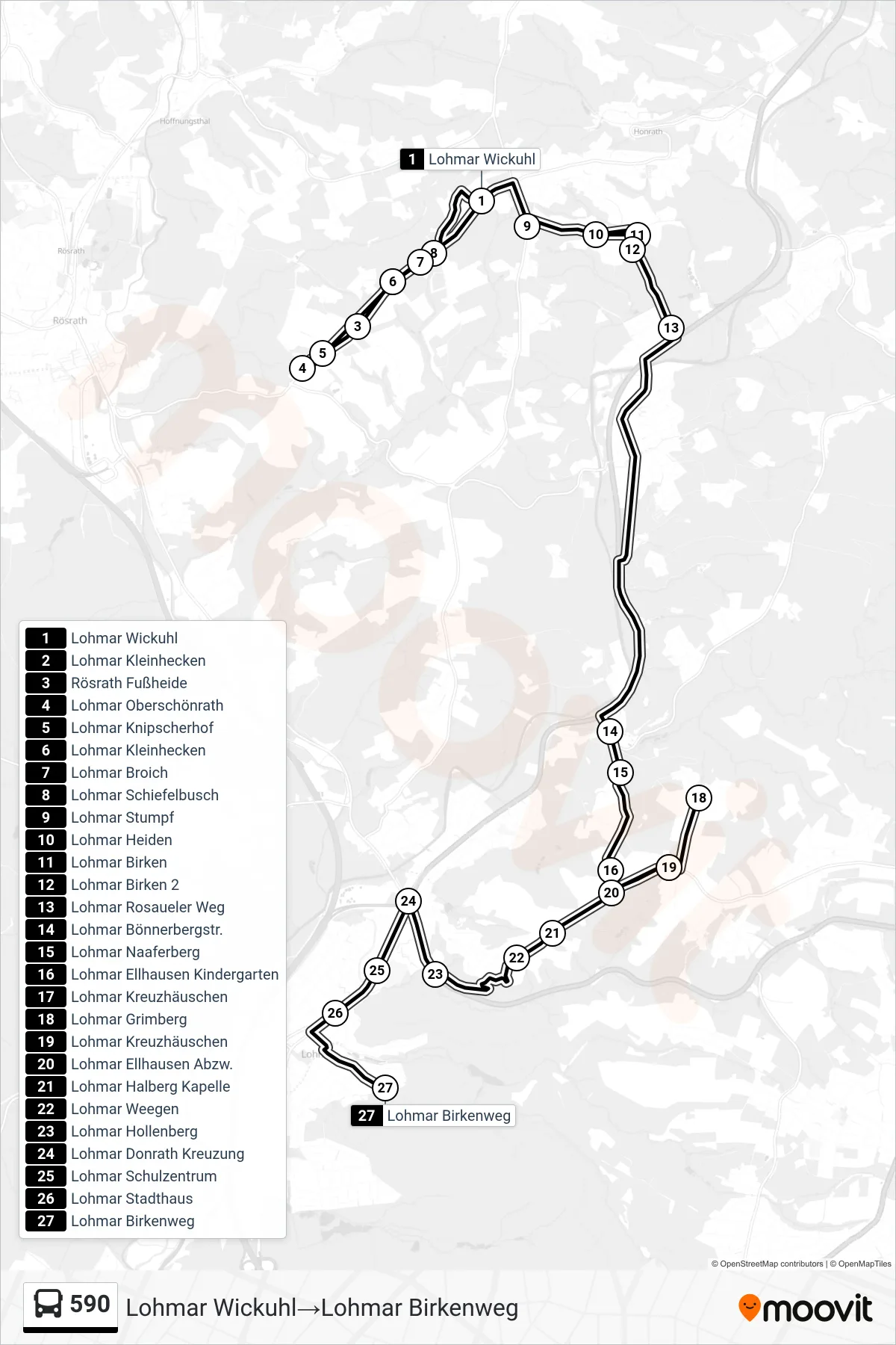 Linie 590 (Bus) Richtung Lohmar Wickuhl→Lohmar Birkenweg: Route und Haltestellen auf der Karte