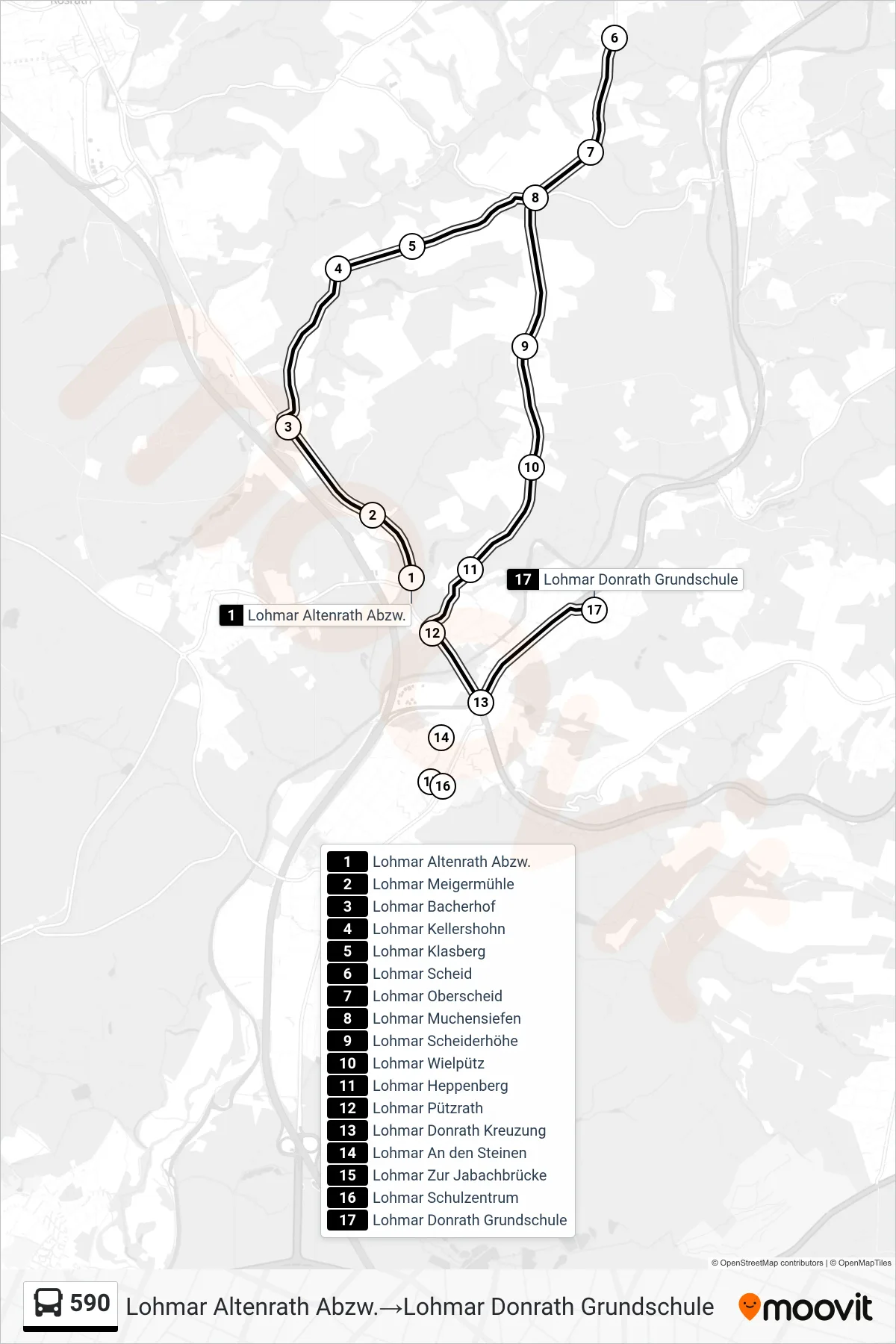 Linie 590 (Bus) Richtung Lohmar Altenrath Abzw.→Lohmar Donrath Grundschule: Route und Haltestellen auf der Karte