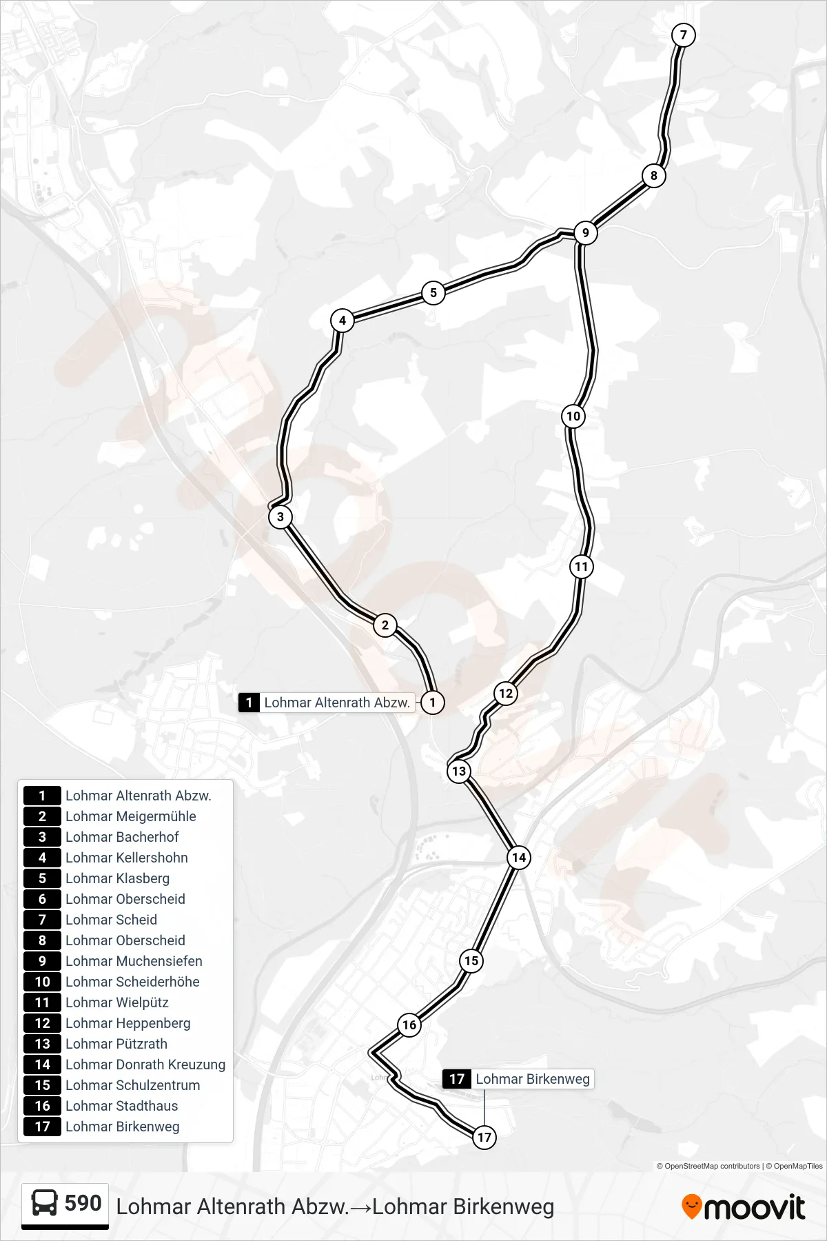 Linie 590 (Bus) Richtung Lohmar Altenrath Abzw.→Lohmar Birkenweg: Route und Haltestellen auf der Karte
