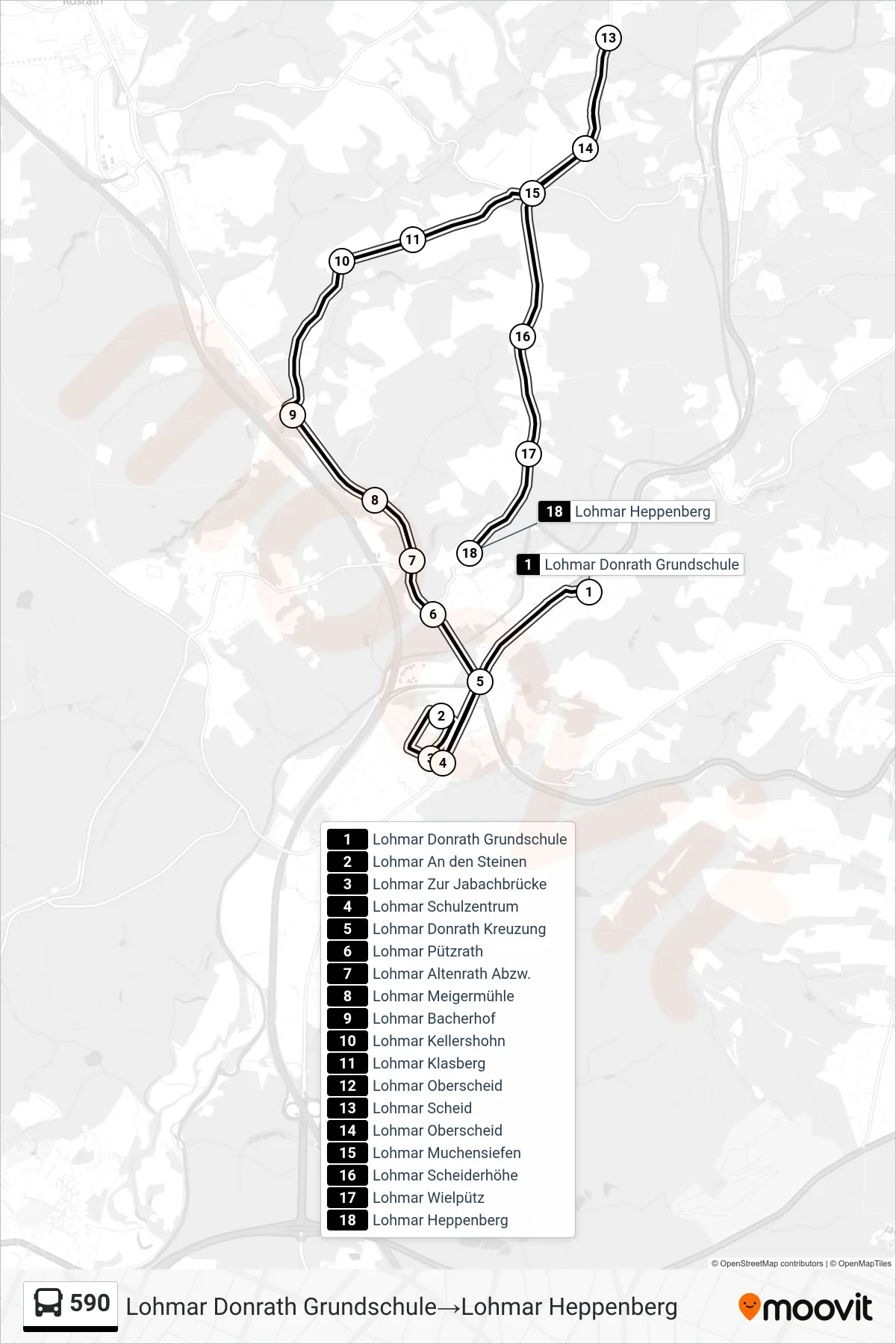 Linie 590 (Bus) Richtung Lohmar Donrath Grundschule→Lohmar Heppenberg: Route und Haltestellen auf der Karte