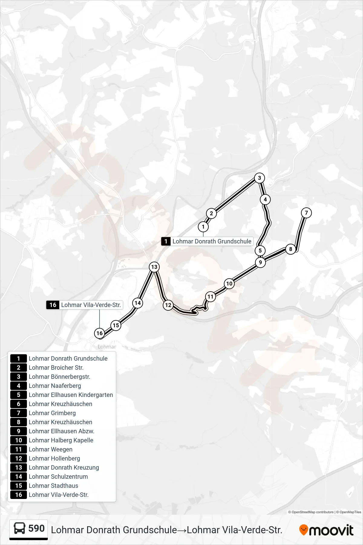 Linie 590 (Bus) Richtung Lohmar Donrath Grundschule→Lohmar Vila-Verde-Str.: Route und Haltestellen auf der Karte