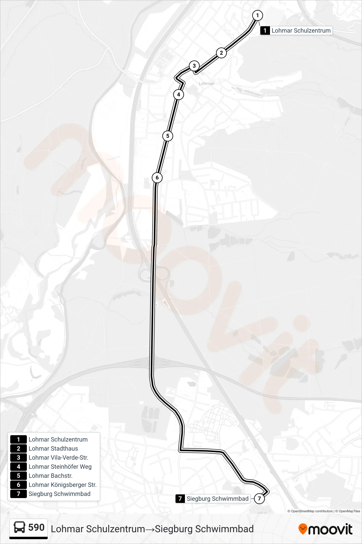 Linie 590 (Bus) Richtung Lohmar Schulzentrum→Siegburg Schwimmbad: Route und Haltestellen auf der Karte