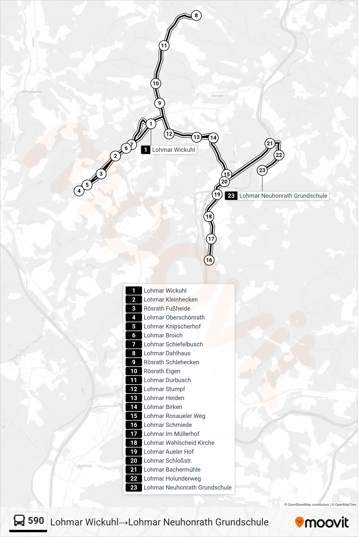 Linie 590 (Bus) Richtung Lohmar Wickuhl→Lohmar Neuhonrath Grundschule: Route und Haltestellen auf der Karte