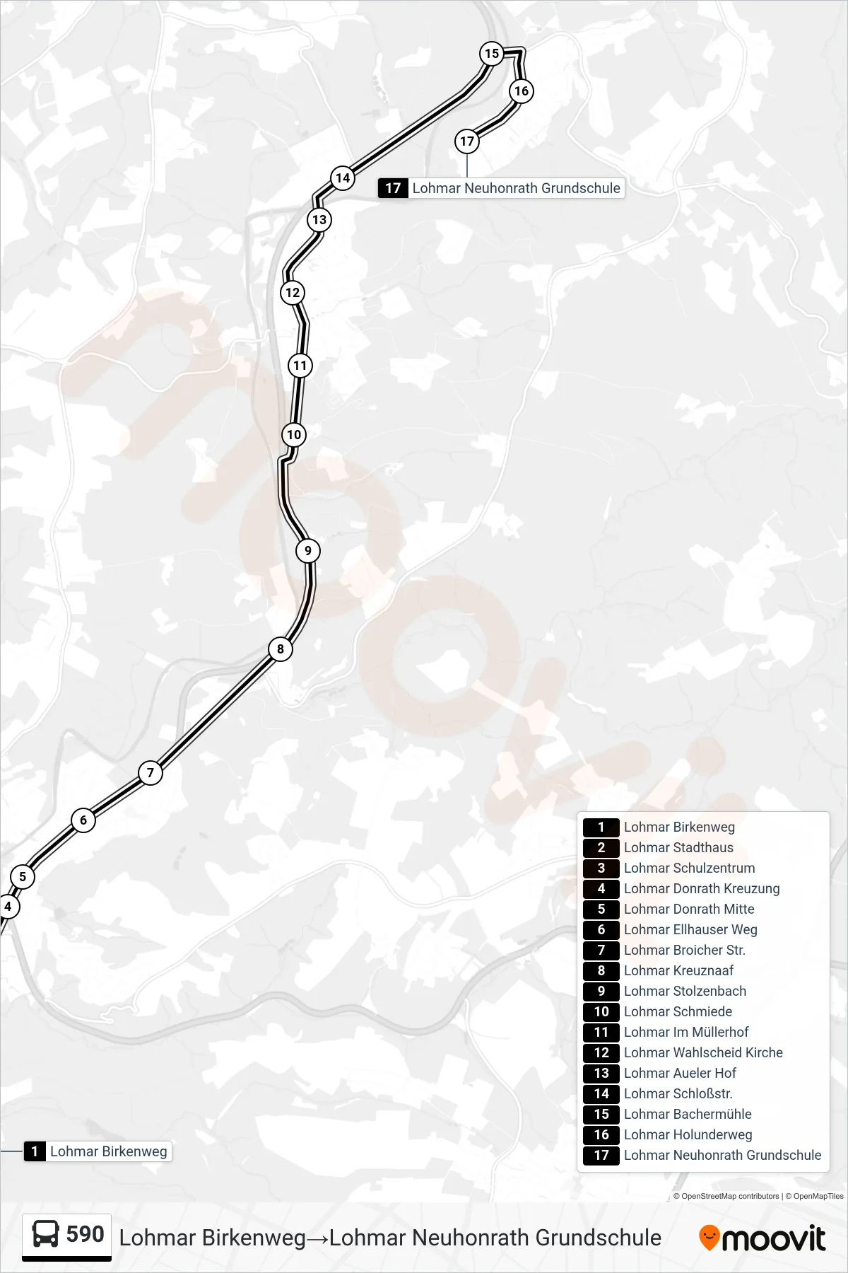 Linie 590 (Bus) Richtung Lohmar Birkenweg→Lohmar Neuhonrath Grundschule: Route und Haltestellen auf der Karte
