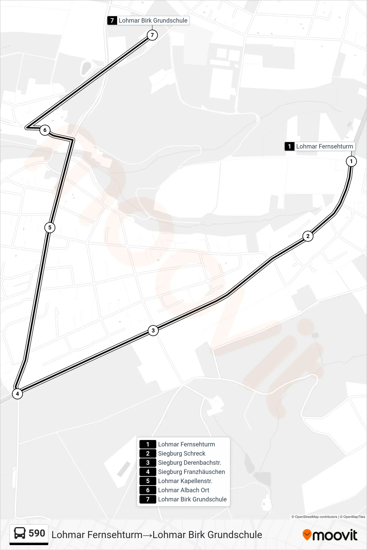 Linie 590 (Bus) Richtung Lohmar Fernsehturm→Lohmar Birk Grundschule: Route und Haltestellen auf der Karte
