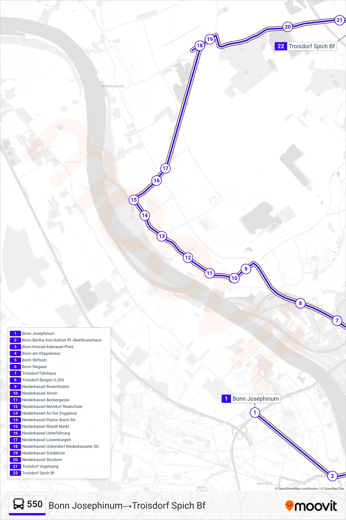 550 bus Line (Bonn Josephinum‎→Troisdorf Spich Bf) route and stops on a map